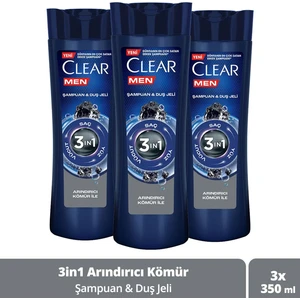 Men 3 In 1 Şampuan - Duş Jeli Arındırıcı Kömür Saç Yüz Vücut İçin 350 ml x 3