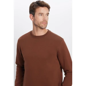 Unisex Oversize Geniş Kesim Pamuklu Yumuşak Dokulu Polarlı Basic Kahverengi Bisiklet Yaka Sweatshirt