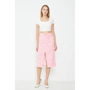 Leopar Desenli Yırtmaçlı Kot Etek