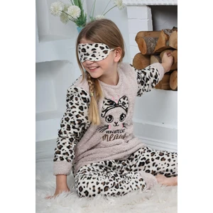 Yeni Sezon Sonbahar/kış Kız Çocuk Leopar Desenli Polar Pijama Takımı 4103-KREM Rengi