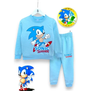 Little Tortoise Sonic Desenli Mavi Renkli Uzun Kollu Bisiklet Yaka Şardonlu Kışlık Erkek Çocuk Sweatshirt Eşofman Takımı