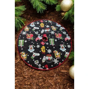 Siyah Yılbaşı Figürlü Ayak Halısı, Yılbaşı Ağacı Altı Örtüsü, Çam Ağacı Eteği Yıkanabilir Cırtlı
