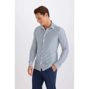 Slim Fit Dar Kesim Polo Yaka Çizgili Uzun Kollu Gömlek D4563AX24AU