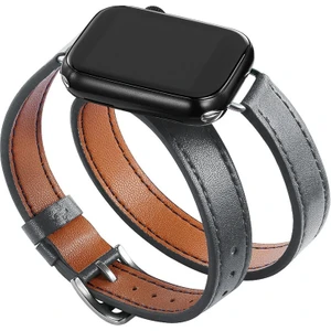Apple Watch Seri 2/3/4/5/6/7/8/  42 44 45 49 S10-46MM  Çift Tur Deri Kayış Koyu Gri  2/3/4/5/6/7/8/