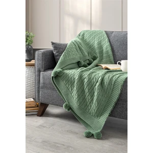 Ponponlu Triko Örme Tv Battaniyesi – Koltuk & Omuz Şalı & Diz Battaniyesi – 130x170cm-Mint Yeşili