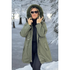 Çıkartılabilir Kapüşonlu Cepli Içi Komple Peluş Büyük Beden Bonded Kumaş Kışlık Mont