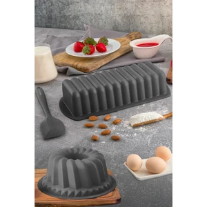 3 Parça Antrasit Silikon Kek Kalıbı Seti Baton Kek Kalb - Oval Kek Kalıbı - Spatula