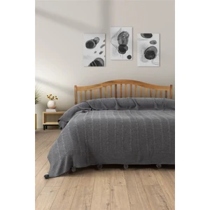Çift Kişilik Ponponlu Triko Örme Battaniye - Modern & Şık Yatak Örtüsü - Koyu Gri - 220 x 240  cm