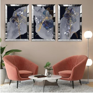 Mor Bitki Soyut Desen Gold Pleksi Kenar 3'lü Mdf Tablo