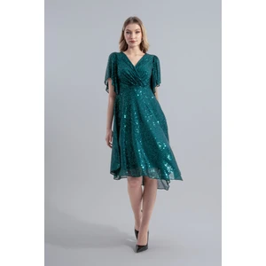 Angel | Payetli Midi Kloş Abiye Elbise Kruvaze Yaka Mendil Kol Asimetrik Etek - Zümrüt Yeşili