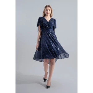 Angel | Payetli Midi Kloş Abiye Elbise Kruvaze Yaka Mendil Kol Asimetrik Etek - Lacivert