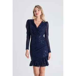 Naomi | Payetli Uzun Kollu Mini Slim Abiye Elbise Kruvaze Yaka Fırfırlı Etek - Lacivert
