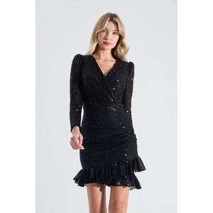 Naomi | Payetli Uzun Kollu Mini Slim Abiye Elbise Kruvaze Yaka Fırfırlı Etek - Siyah