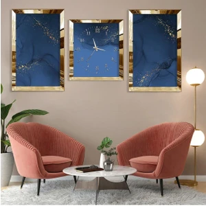 Mavi Soyut Desen Gold Pleksi Kenar 3'lü Mdf Tablo