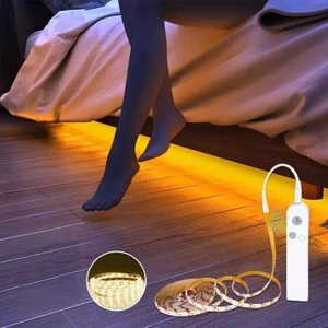 Hareket Sensörlü Pilli LED Gece Lambası Zamanlayıcılı USB Şarjlı Dolap Yatak Altı Merdiven Işık Aydınlatması IP65 Su Geçirmez 2 Metre