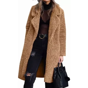 Amor Face Özel Tasarım Astarlı Çift Cep Yün Peluş Diz Altı Şık Tam Kışlık Kadın Kaban