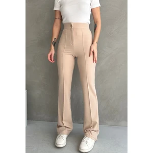 NO979 Kadın Krem Yüksek Bel Toparlayıcı Ispanyol Paça Palazzo Pantolon