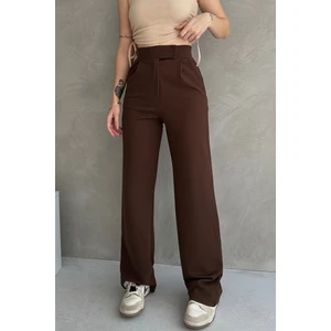 NO979 Kadın Kahverengi Yüksek Bel Krep Kumaş Likralı Rahat Kesim Cırtlı Palazzo Pantolon