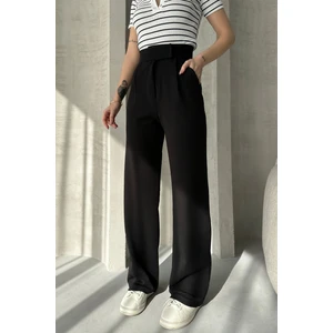 NO979 Kadın Siyah Yüksek Bel Krep Kumaş Likralı Rahat Kesim Cırtlı Palazzo Pantolon