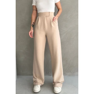 NO979 Kadın Bej Yüksek Bel Krep Kumaş Likralı Rahat Kesim Cırtlı Palazzo Pantolon
