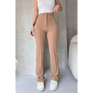 NO979 Kadın Bej Yüksek Bel Toparlayıcı Ispanyol Paça Palazzo Pantolon