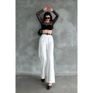 NO979 Kadın Beyaz Yüksek Bel Keten Kumaş  Rahat Kesim Örgü Kemerli  Palazzo Pantolon