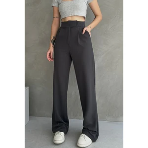 NO979 Kadın Antrasit Yüksek Bel Krep Kumaş Likralı Rahat Kesim Cırtlı Palazzo Pantolon