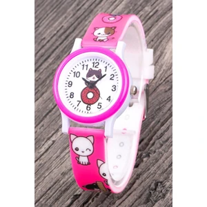 Çocuk Kol Saati Pembe Silikon Kordon Kız Çocuk Kedi Desenli Rakamlı Analog ST-304340