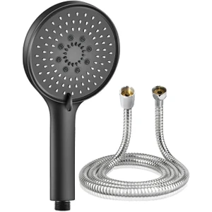 Mat Siyah Yuvarlak 5 Fonksiyonlu Duş Başlığı Örgülü Duş Hortumu Duş Seti
