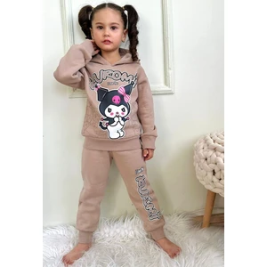 Yağmur Giyim Kuromi Desenli Gül Kurusu 3 Ip Şardonlu Kapşonlu  Pamuk Kız Çocuk Eşofman Takımı 3-10 Yaş 7400-GK