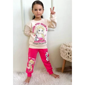 Yağmur Giyim Frozen Elsa Desenli Fuşya 3 Ip Şardonlu  Pamuk Kız Çocuk Eşofman Takımı 3-10 Yaş 7350-F