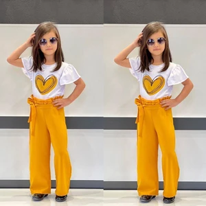 Yağmur Giyim Kalp Desenli Croplu Kumaş Pantolonlu Kız Takım Hardal 3-10 Yaş 7050-H