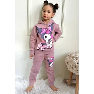 Yağmur Giyim Kuromi Desenli Gül Kurusu 3 Ip Şardonlu Kapşonlu  Pamuk Kız Çocuk Eşofman Takımı 3-10 Yaş 7347-GK