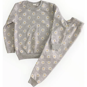 Arya Nisa Kids Kız Çocuk Iki Iplik Pamuklu Şardonlu Gri Papatya Desenli Uzun Kollu Pijama Takımı