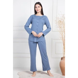 Mecit Pijama Mecit 6105 Indigo Kadın Büyük Beden Boydan Düğmeli Pijama Takımı