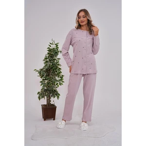 Mecit Pijama Mecit 6151 Lila Boydan Düğmeli  Pamuk Büyük Beden Pijama Takımı