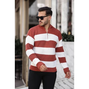 Parçalı Selanik Yarım Fermuar Kazak Kiremit