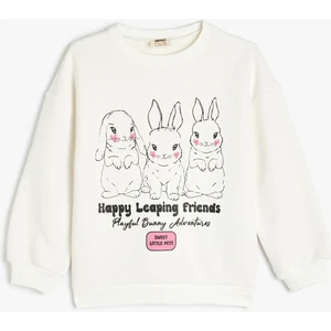 Tavşan Baskılı Uzun Kollu Bisiklet Yaka Sweatshirt