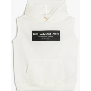 Oversize Kapşonlu Sweatshirt Kolsuz Slogan Baskılı Kanguru Cepli