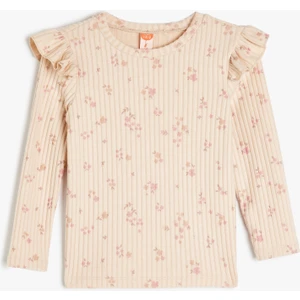 Çiçek Desenli Fırfır Detaylı Uzun Kollu Bisiklet Yaka T-Shirt