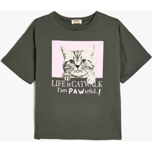 T-Shirt Kedi Baskılı Bisiklet Yaka Kısa Kollu Pamuklu