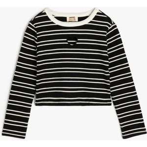 Kalp Detaylı Çizgili Bisiklet Yaka Uzun Kollu Crop T-Shirt