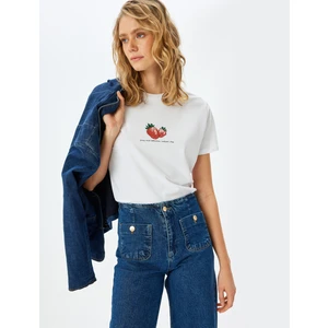 Pamuklu Kısa Kollu Bisiklet Yaka Çilek Baskılı T-Shirt