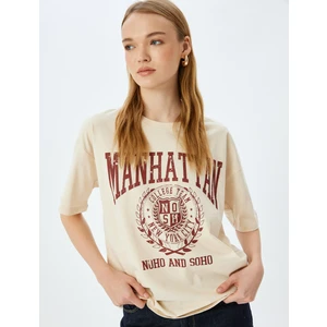 Kolej Baskılı Bisiklet Yaka Oversize Kısa Kollu T-Shirt