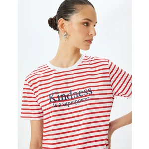 Bisiklet Yaka Kısa Kollu Pamuklu Baskılı Çizgili T-Shirt
