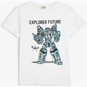 Kısa Kollu Bisiklet Yaka Robot Baskılı Pamuklu T-Shirt