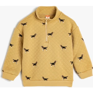 Yarım Fermuar Detaylı Köpek Desenli Uzun Kollu Kapitone Sweatshirt