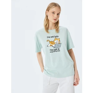 Kedi Baskılı Bisiklet Yaka Kısa Kollu Rahat Kalıp T-Shirt