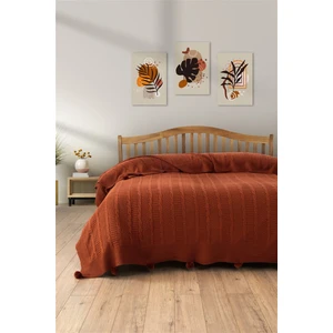 Çift Kişilik Ponponlu Triko Örme Battaniye - Yumuşak ve Şık Tasarım - Kiremit - Terra - 220X240 cm