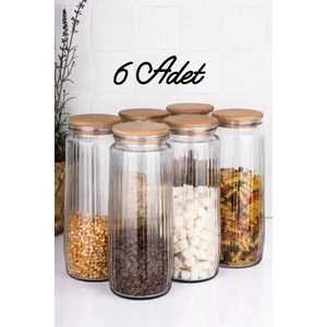 Fbz Home 6'lı Ahşap Kapaklı 1500 ml Çizgili Cam Saklama Kabı Bakliyat Baharatlık Kavanoz